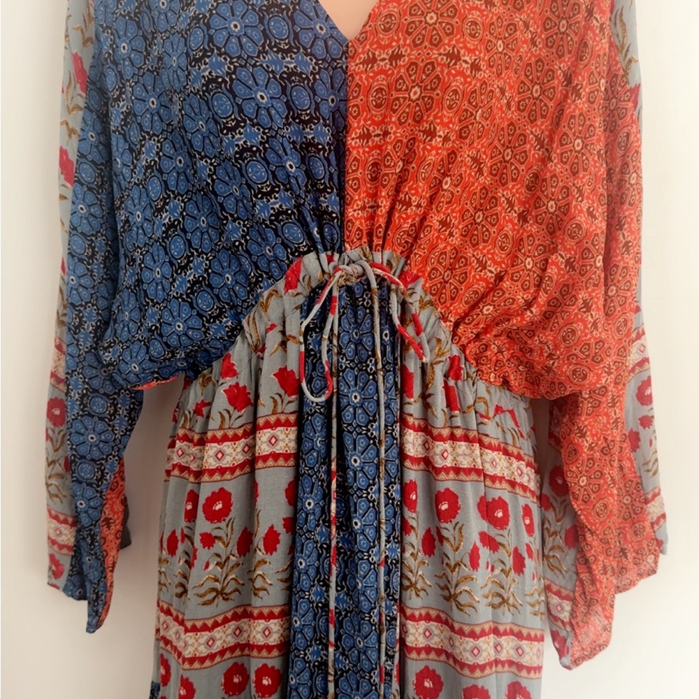 Zara m Boho Mixed-Print Tie-Waist Maxi Dress - Blue & Rust Red